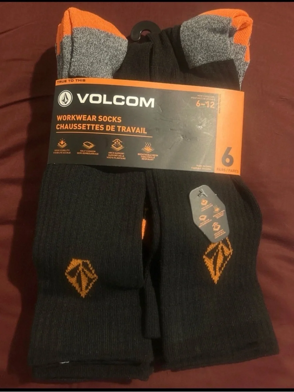 Volcom Men’s Black and Orange Workwear Crew Socks sk8ter - 6 Pack